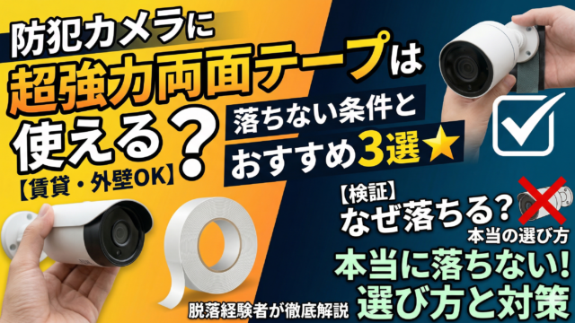 画像の内容を説明する最も重要なテキストです。検索エンジンが内容を理解する手がかりになります。 防犯カメラを強力両面テープで設置する方法を解説するブログアイキャッチ画像。賃貸や外壁でも落ちないための条件と、脱落経験者が選ぶおすすめテープ3選を紹介。