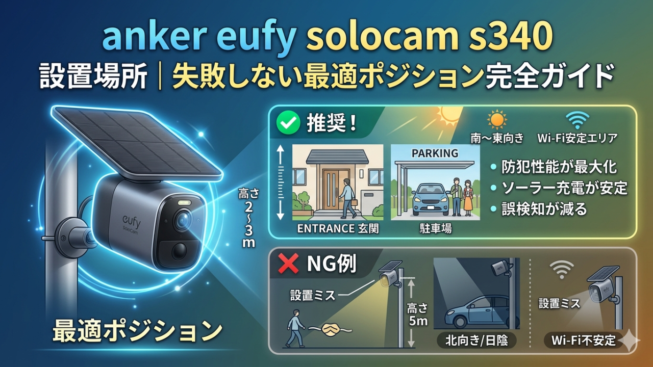 Anker Eufy SoloCam S340の設置場所ガイド。推奨例（玄関・駐車場、高さ2〜3m、南〜東向き、Wi-Fi安定）とNG例（高すぎる設置、北向きの日陰、Wi-Fi不安定）を比較したブログ用アイキャッチ画像。
