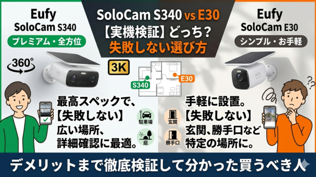 Eufy SoloCam S340とE30の比較画像。左側に全方位監視のS340、右側にシンプルなE30を配置し、駐車場や玄関など場所別の最適な選び方と「実機検証で失敗しない選び方」というタイトルが含まれたブログ用アイキャッチ画像。