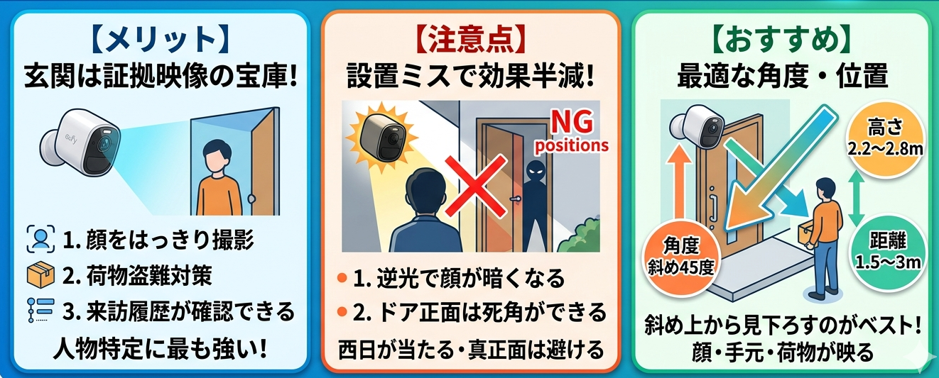 Anker Eufy SoloCam S340の玄関設置ガイド図解。メリット(人物特定、盗難対策)、注意点(逆光、死角)、おすすめの設置条件(高さ2.2〜2.8m、角度45度、距離1.5〜3m)を分かりやすく解説したインフォグラフィック。